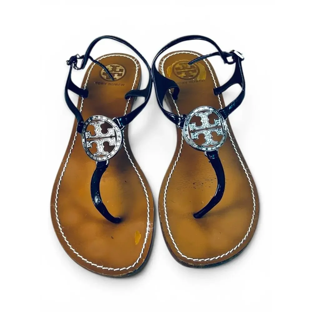 Tory Burch Violet Black Patent Rhinestone Logo Thong Sandals Size 10